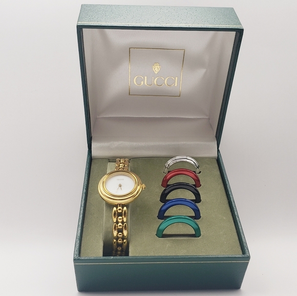 ROW!! Vintage Gucci 1980s Quartz Interchangeable Watch Bezel Set Gold Tone - Picture 1 of 10